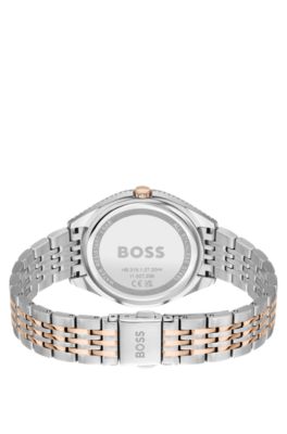 Two-tone watch with green dial and crystal studs, Silver