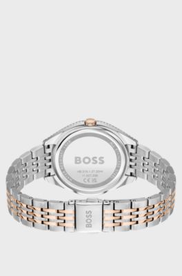 Two-tone watch with green dial and crystal studs, Silver