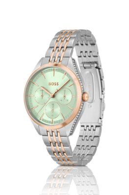 Two-tone watch with green dial and crystal studs, Silver