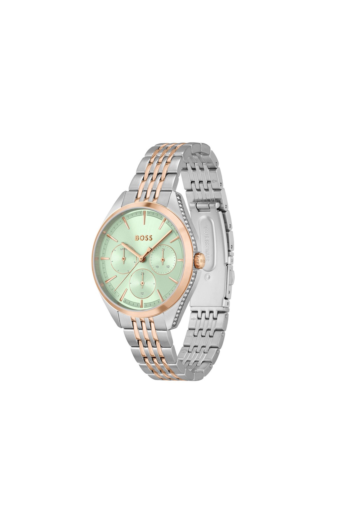 Two-tone watch with green dial and crystal studs, Silver
