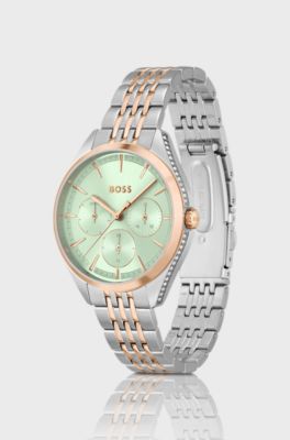 Tweekleurig horloge met groene wijzerplaat en kristallen studs, Zilver