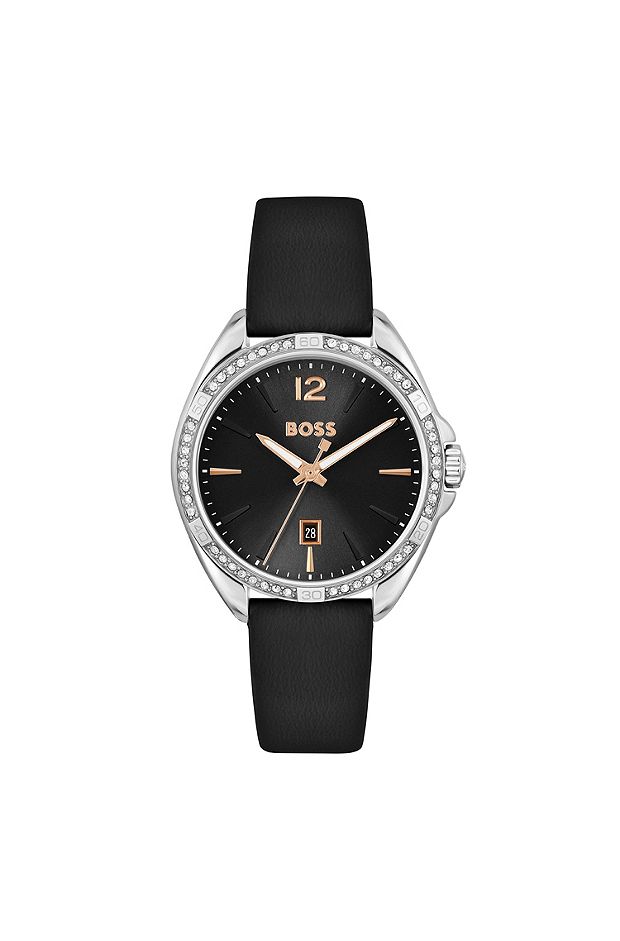 Black-dial watch with crystal-encrusted bezel, Black