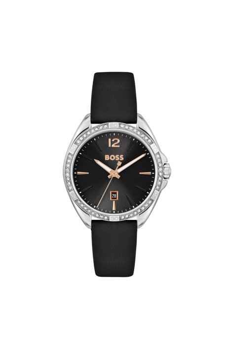 Black-dial watch with crystal-encrusted bezel, Assorted-Pre-Pack