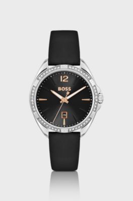 Black-dial watch with crystal-encrusted bezel, Black