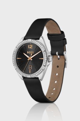 Black-dial watch with crystal-encrusted bezel, Black