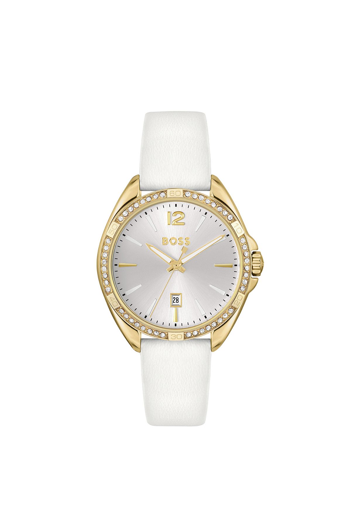 Goldfarbene Uhr mit kristallbesetzter Lünette, Weiß