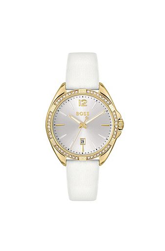 Goudkleurig horloge met lunette versierd met kristallen, Wit