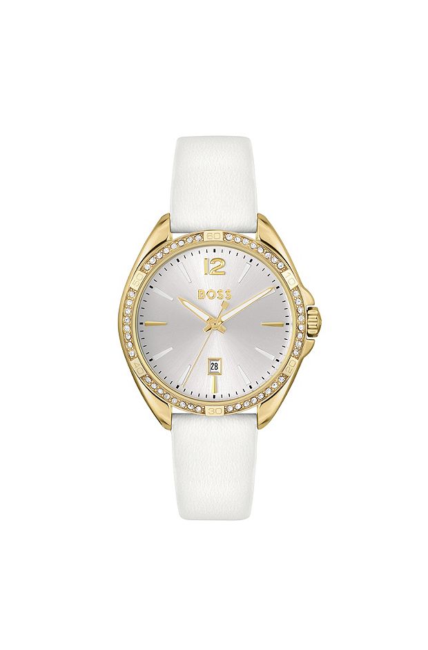 Gold-tone watch with crystal-studded bezel, White