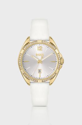 Gold-tone watch with crystal-studded bezel, White