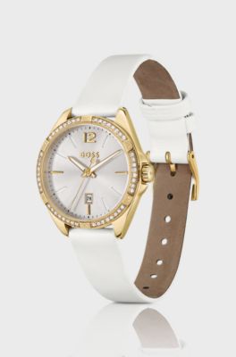 Gold-tone watch with crystal-studded bezel, White