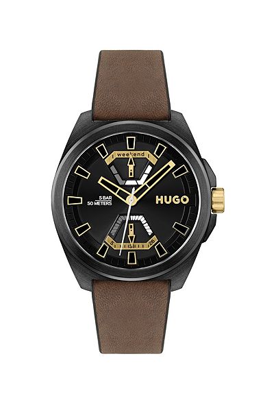 Black-plated watch with brown leather strap, Dark Brown