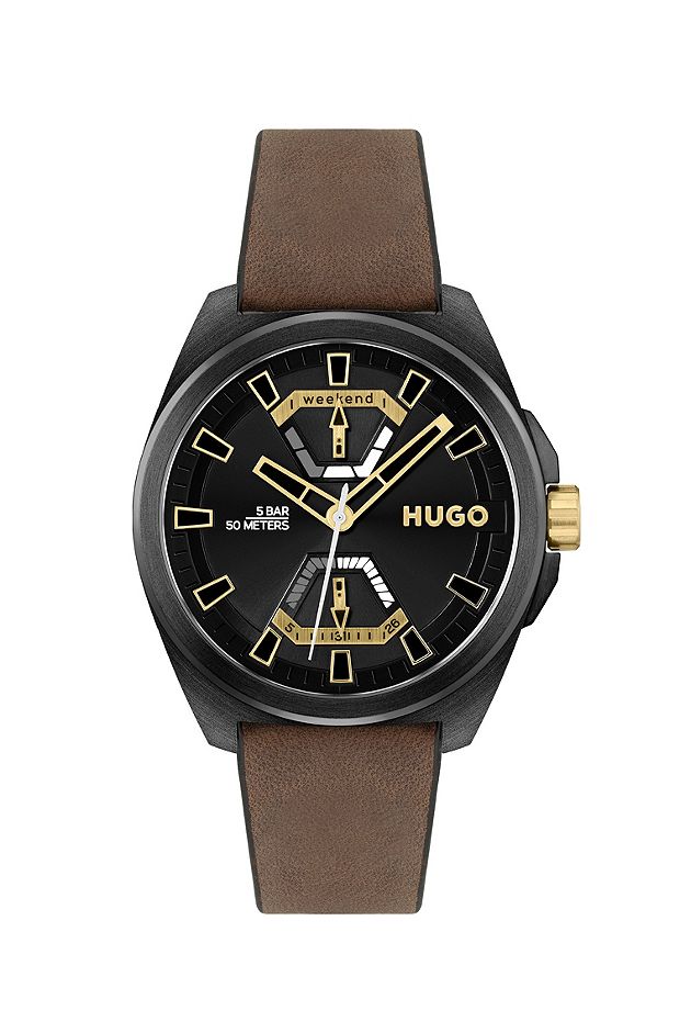 Black-plated watch with brown leather strap, Dark Brown