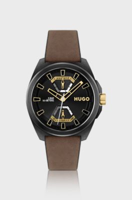 Black-plated watch with brown leather strap, Dark Brown
