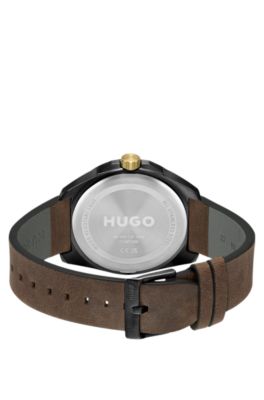 Black-plated watch with brown leather strap, Dark Brown