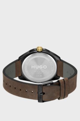 Black-plated watch with brown leather strap, Dark Brown