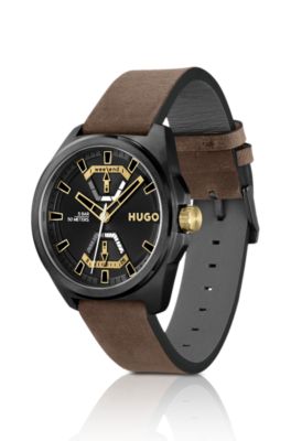 Black-plated watch with brown leather strap, Dark Brown