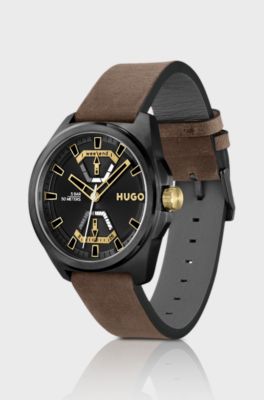 Black-plated watch with brown leather strap, Dark Brown