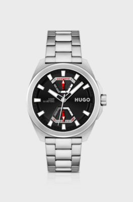 Angular stainless-steel watch with link bracelet, Silver