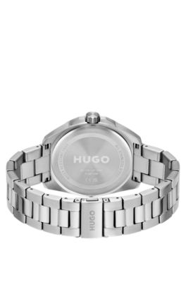 Angular stainless-steel watch with link bracelet, Silver