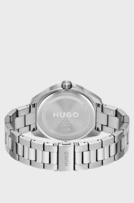 Angular stainless-steel watch with link bracelet, Silver