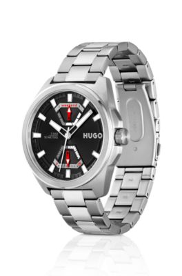 Angular stainless-steel watch with link bracelet, Silver