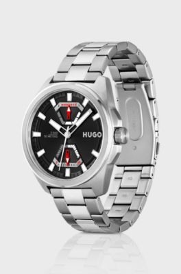 Angular stainless-steel watch with link bracelet, Silver