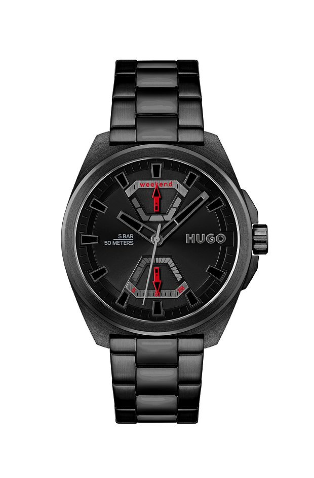 Angular black-plated watch with link bracelet, Black