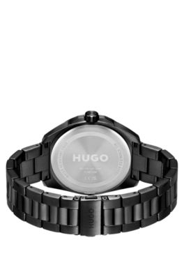 Angular black-plated watch with link bracelet, Black