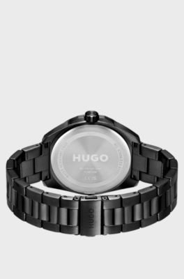 Angular black-plated watch with link bracelet, Black