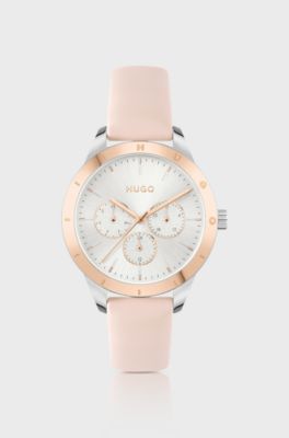Leather-strap watch with gold-effect bezel, Gold