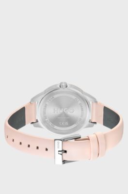 Leather-strap watch with gold-effect bezel, Gold