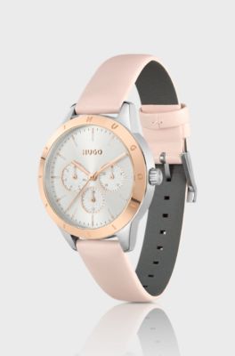 Leather-strap watch with gold-effect bezel, Gold
