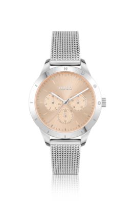 Mesh-bracelet watch with carnation-gold-effect dial, Silver