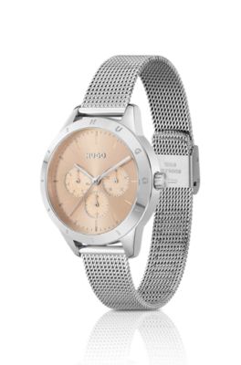 Mesh-bracelet watch with carnation-gold-effect dial, Silver