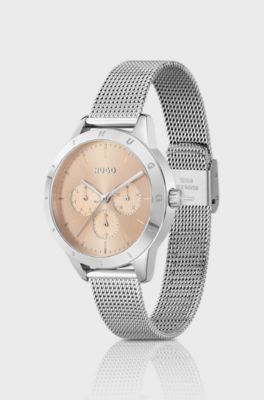 Mesh-bracelet watch with carnation-gold-effect dial, Silver