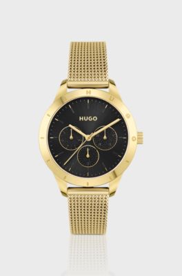 Gold-effect watch with black dial and mesh bracelet, Gold