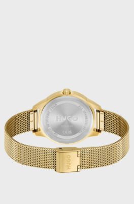 Gold-effect watch with black dial and mesh bracelet, Gold