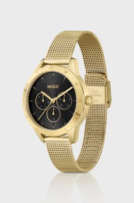 Gold-effect watch with black dial and mesh bracelet, Gold