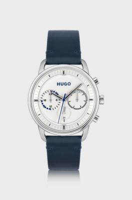 Stainless-steel watch with stitched leather strap, Dark Blue