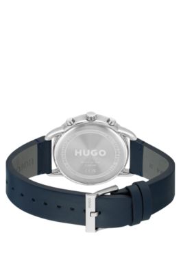 Stainless-steel watch with stitched leather strap, Dark Blue