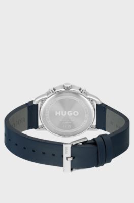 Stainless-steel watch with stitched leather strap, Dark Blue