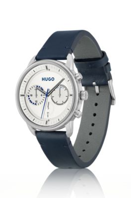 Stainless-steel watch with stitched leather strap, Dark Blue