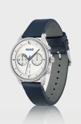 Stainless-steel watch with stitched leather strap, Dark Blue