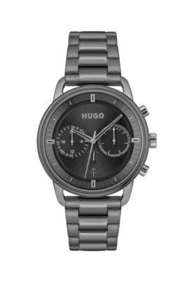 HUGO - Grey-plated watch with black dial and link bracelet