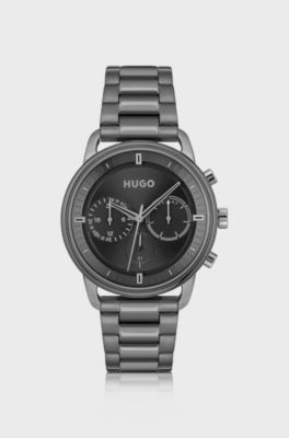 Grey-plated watch with black dial and link bracelet, Dark Grey