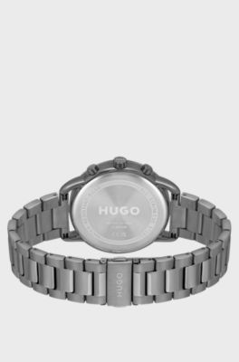 Grey-plated watch with black dial and link bracelet, Dark Grey