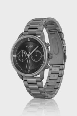 Grey-plated watch with black dial and link bracelet, Dark Grey