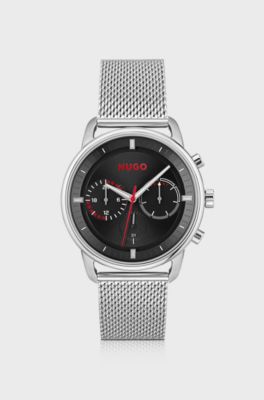 Stainless-steel watch with black dial and mesh bracelet, Silver