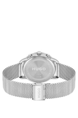 Stainless-steel watch with black dial and mesh bracelet, Silver