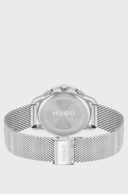 Stainless-steel watch with black dial and mesh bracelet, Silver